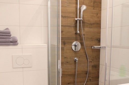 Dusche mit Holzoptik im Appartement E